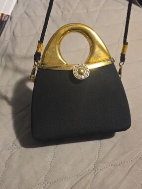 Black Mini Evening Bag with Gold Handle and Crystal Accent